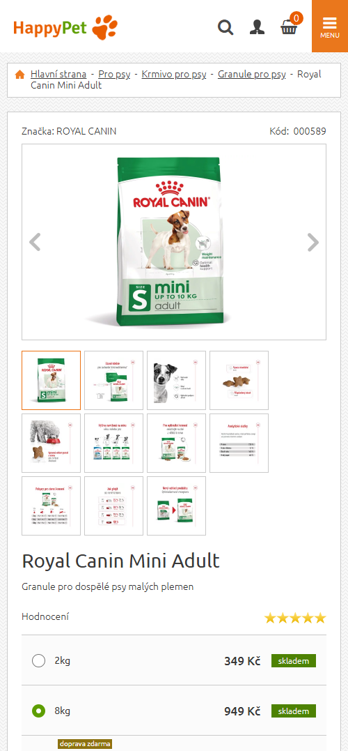 Mobilní verze e-shopu HappyPet